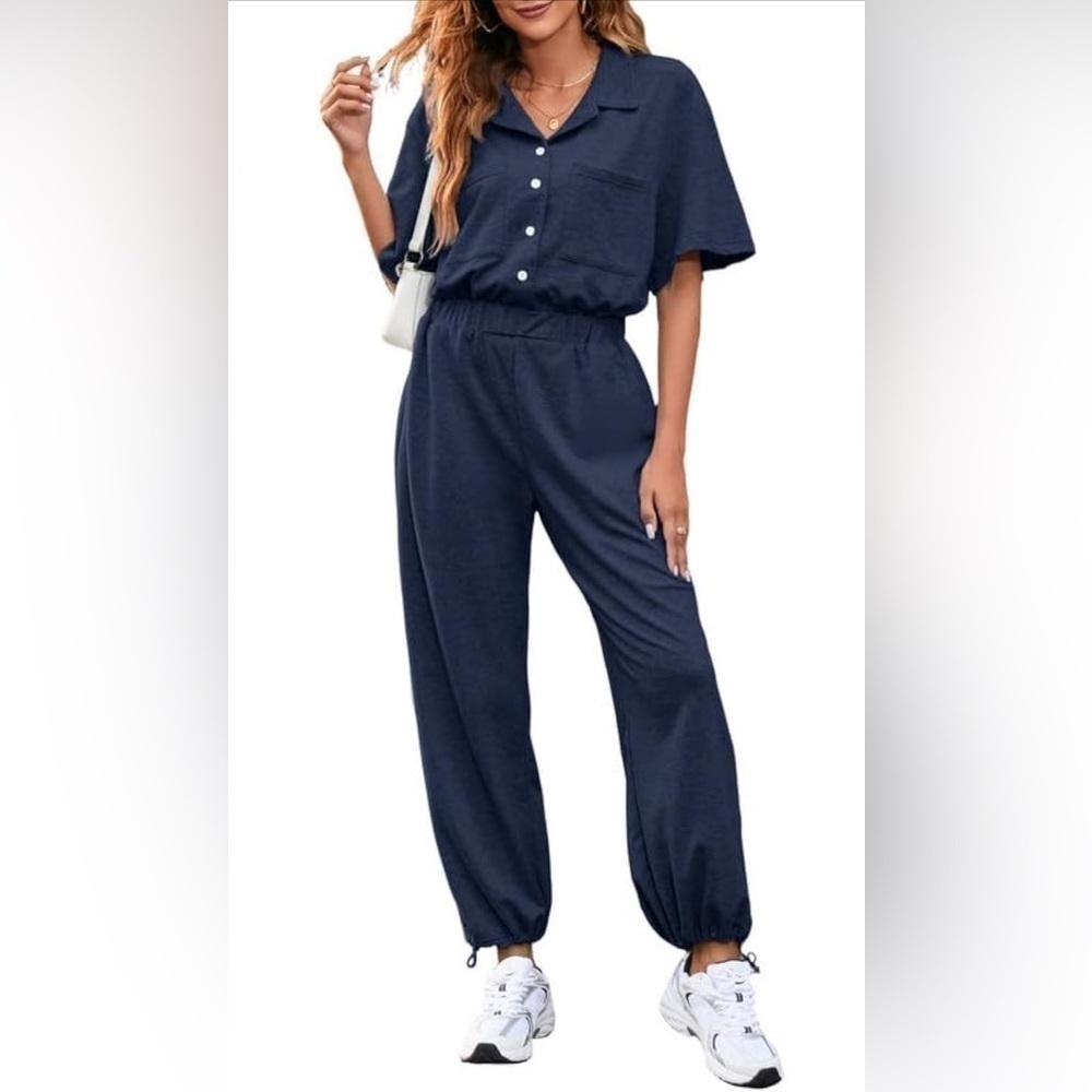 Womens Button Up Collared Short Sleeve High Waisted Drawstring Hem Casual - Picture 4 of 4